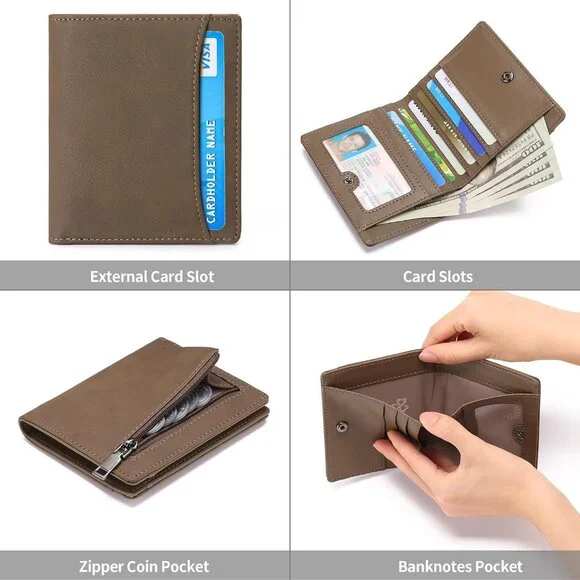 Men's 1 Type Coffee Genuine Leather Minimalist Wallets Card Zipper Coin Pocket